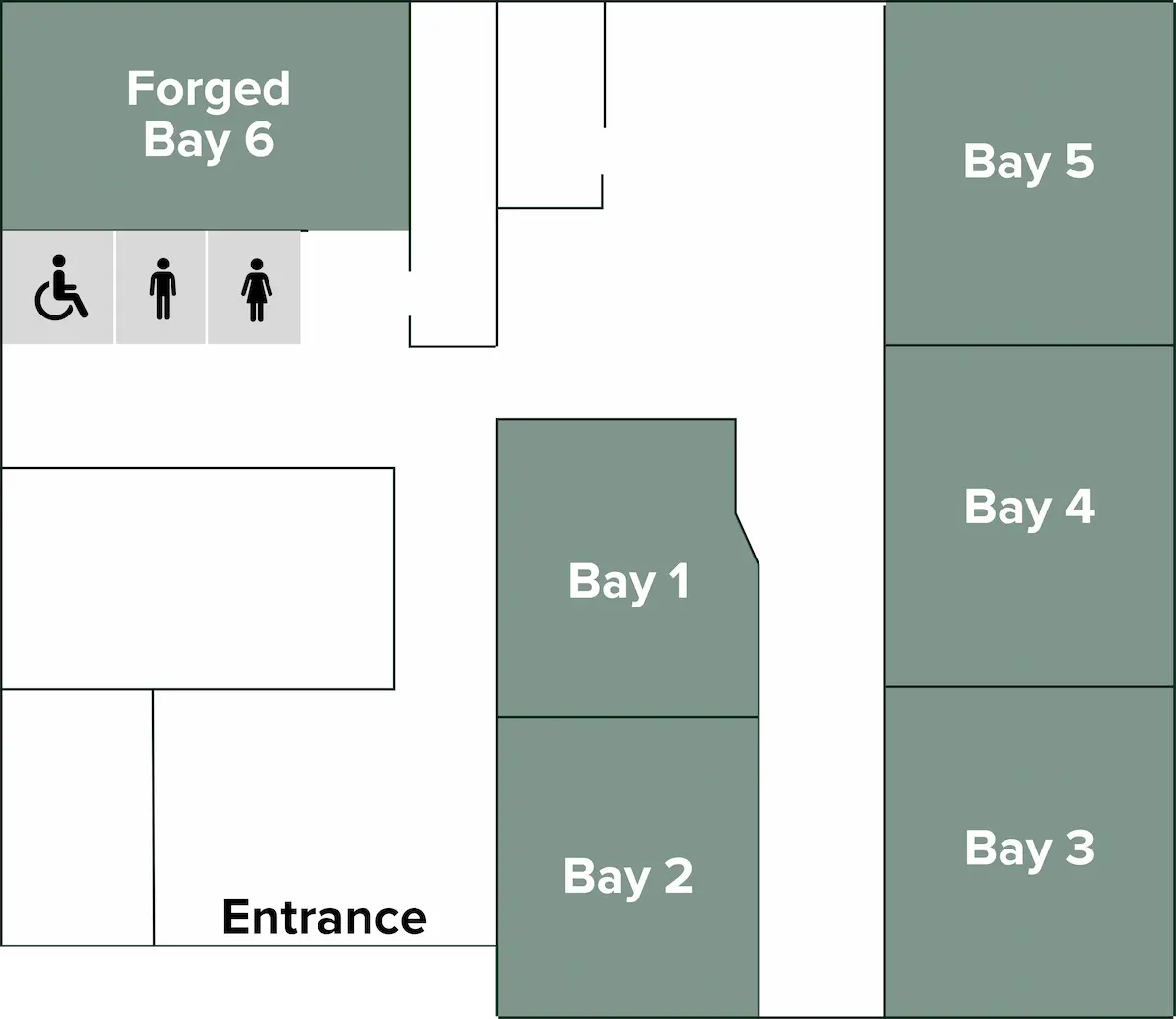 Indoor golf facility layout in Mississauga with six simulator bays including the premium Forged Bay